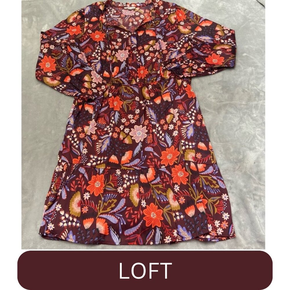 LOFT Long Sleeve Floral Dress in Burgundy, Red, Purple